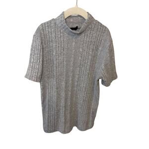 Gray Ribbed Sweater Tee Short Sleeve Mock Neck S - Y2K Style Forever 21
